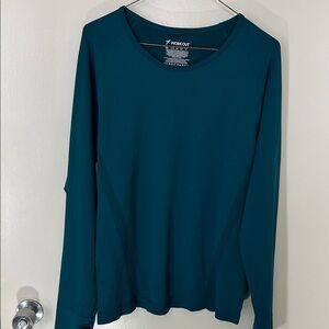 Blue / Green (Teal) Long Sleeve Women's Base Layer Workout Top, size XL